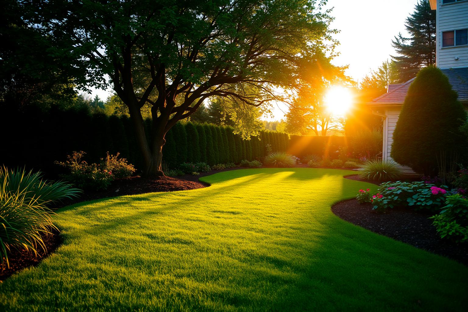 A beautifully landscaped backyard at golden hour